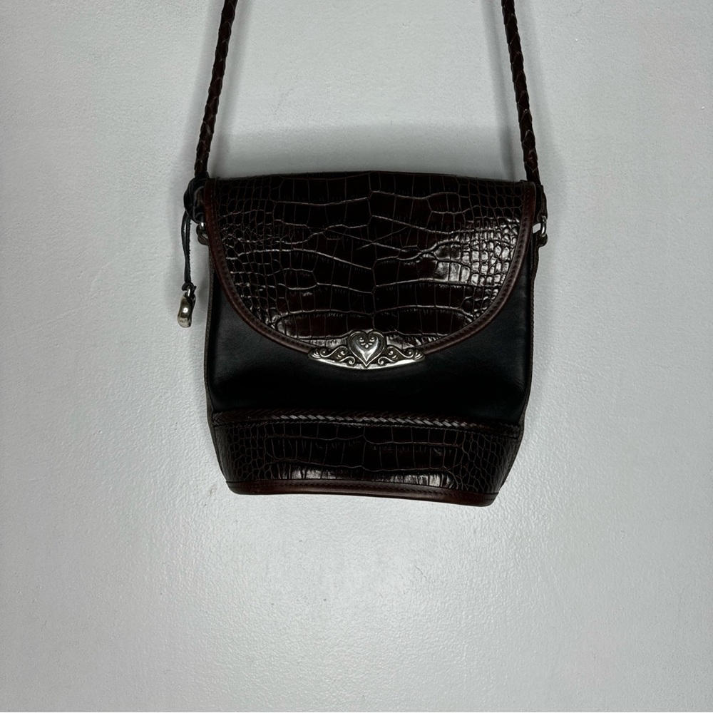 Brighton Black & Brown Leather Croc Embossed Bucket Crossbody Bag CP